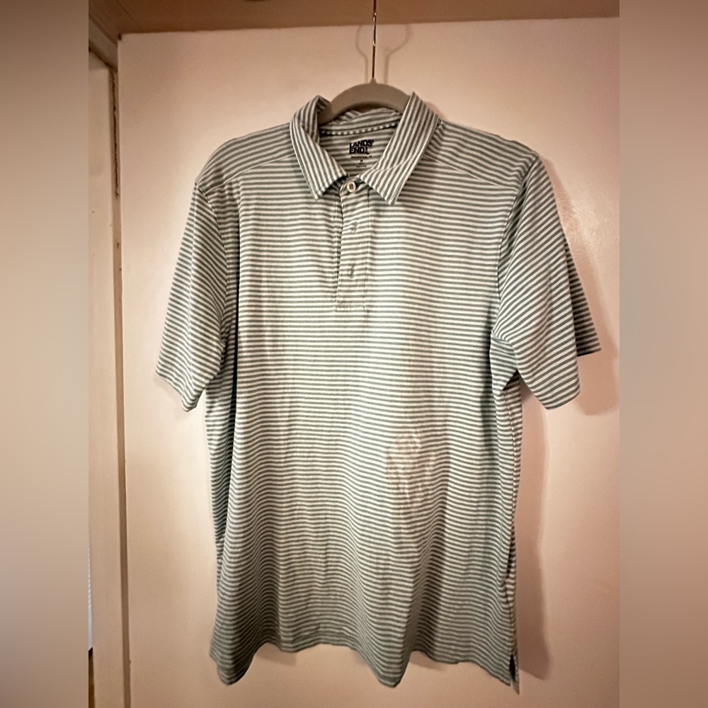 Lands' End Men's Polo Shirt with Gray and White Stripes